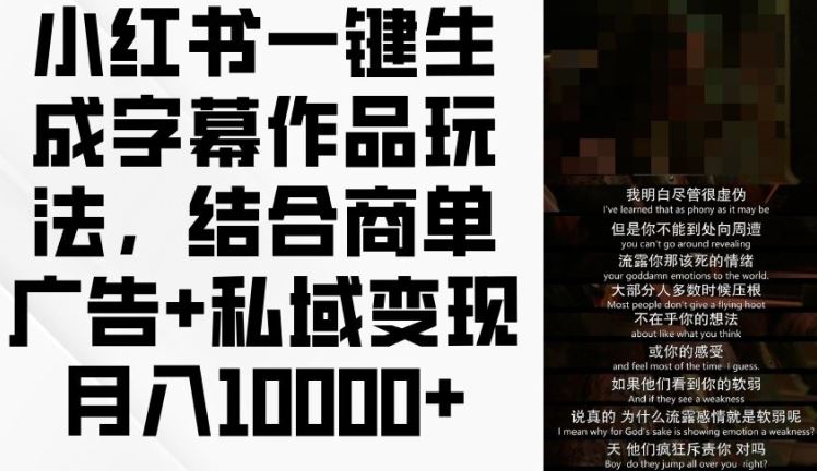 小红书一键生成字幕作品玩法，结合商单广告+私域变现月入1w+【揭秘】，大佬商机网