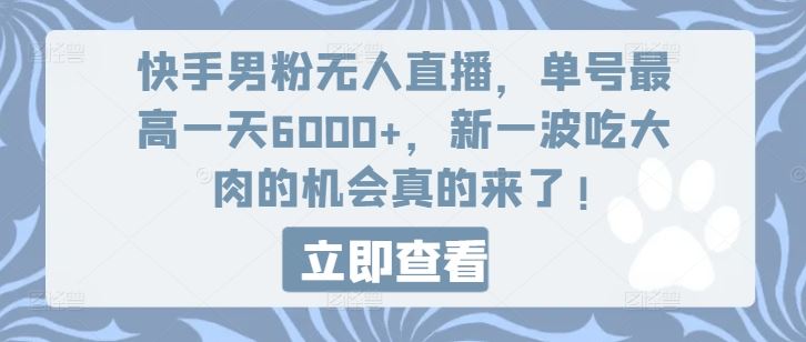 快手男粉无人直播，单号最高一天6000+，新一波吃大肉的机会真的来了，大佬商机网