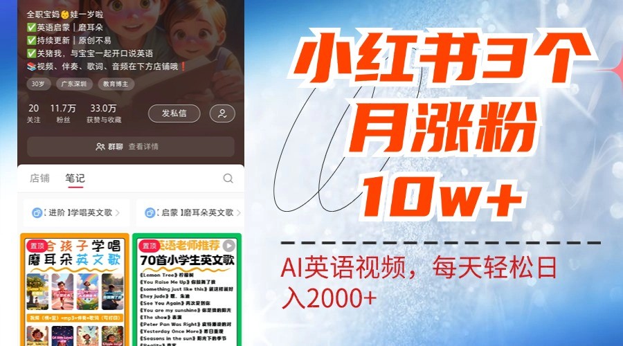 小红书三个月涨粉10W，AI英语视频0成本制作，每天轻松日入2000+，大佬商机网