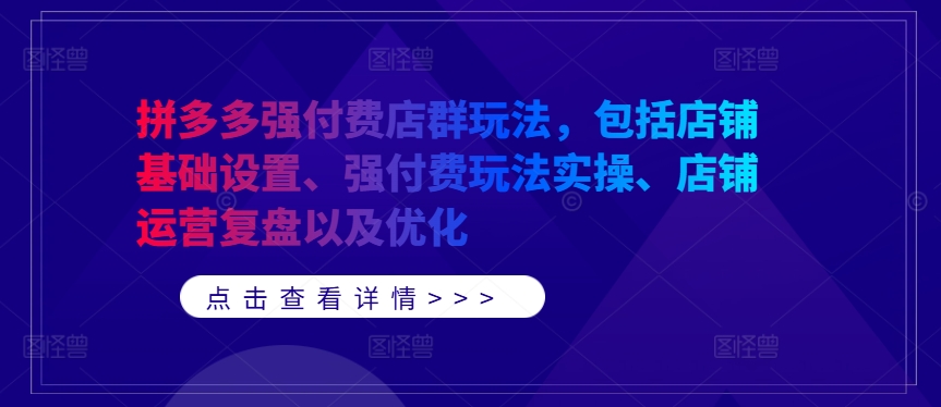拼多多强付费店群玩法，包括店铺基础设置、强付费玩法实操、店铺运营复盘以及优化，大佬商机网