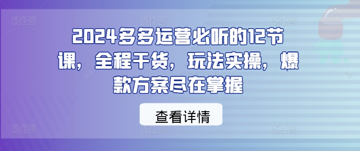 2024多多运营必听的12节课，全程干货，玩法实操，爆款方案尽在掌握，大佬商机网
